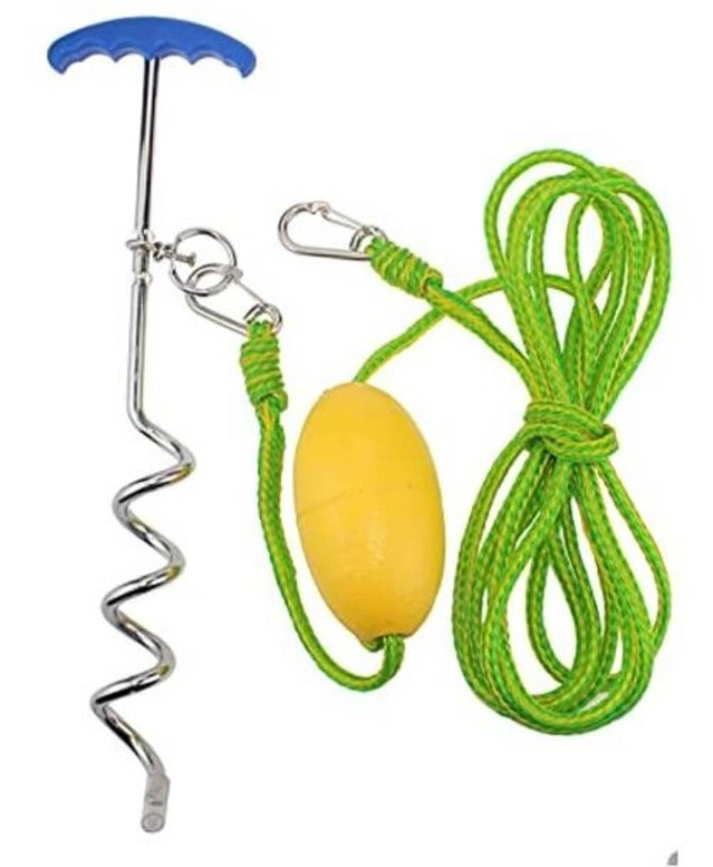 Medium screw anchor with blue cap, green rope, and yellow buoy with metal hooks