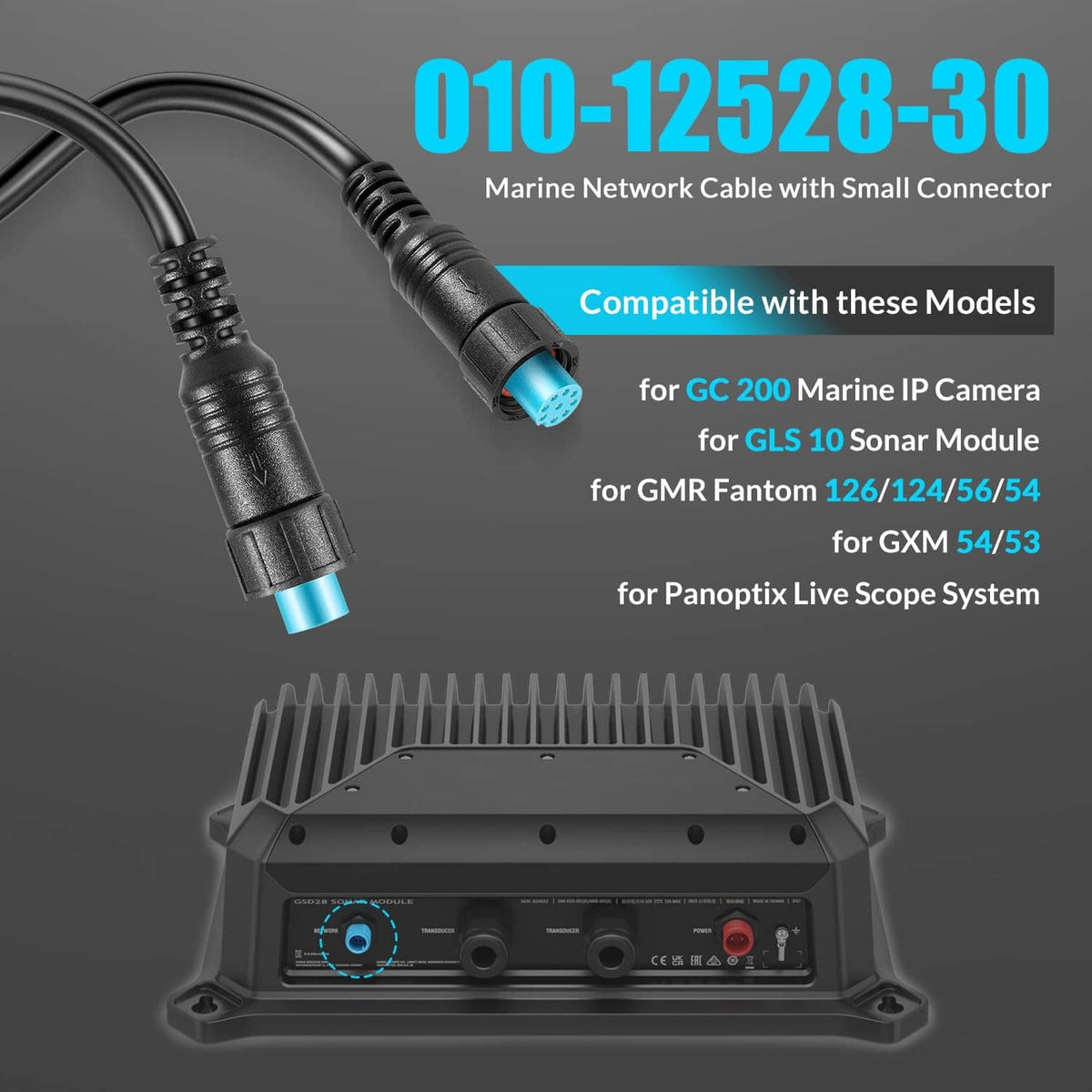 Black marine network cable with blue small connectors, coiled with two plug ends
