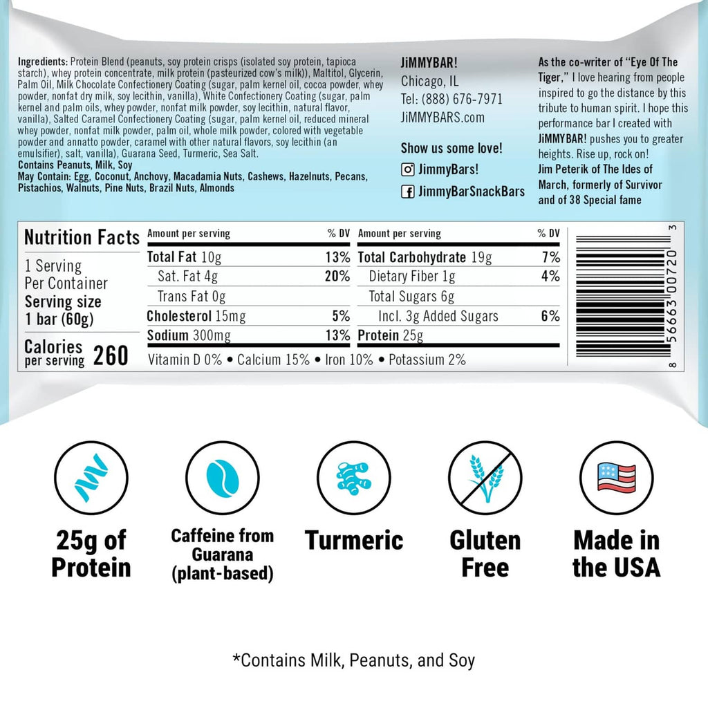 Protein bar back label with nutrition facts and badges: 25g protein, gluten free