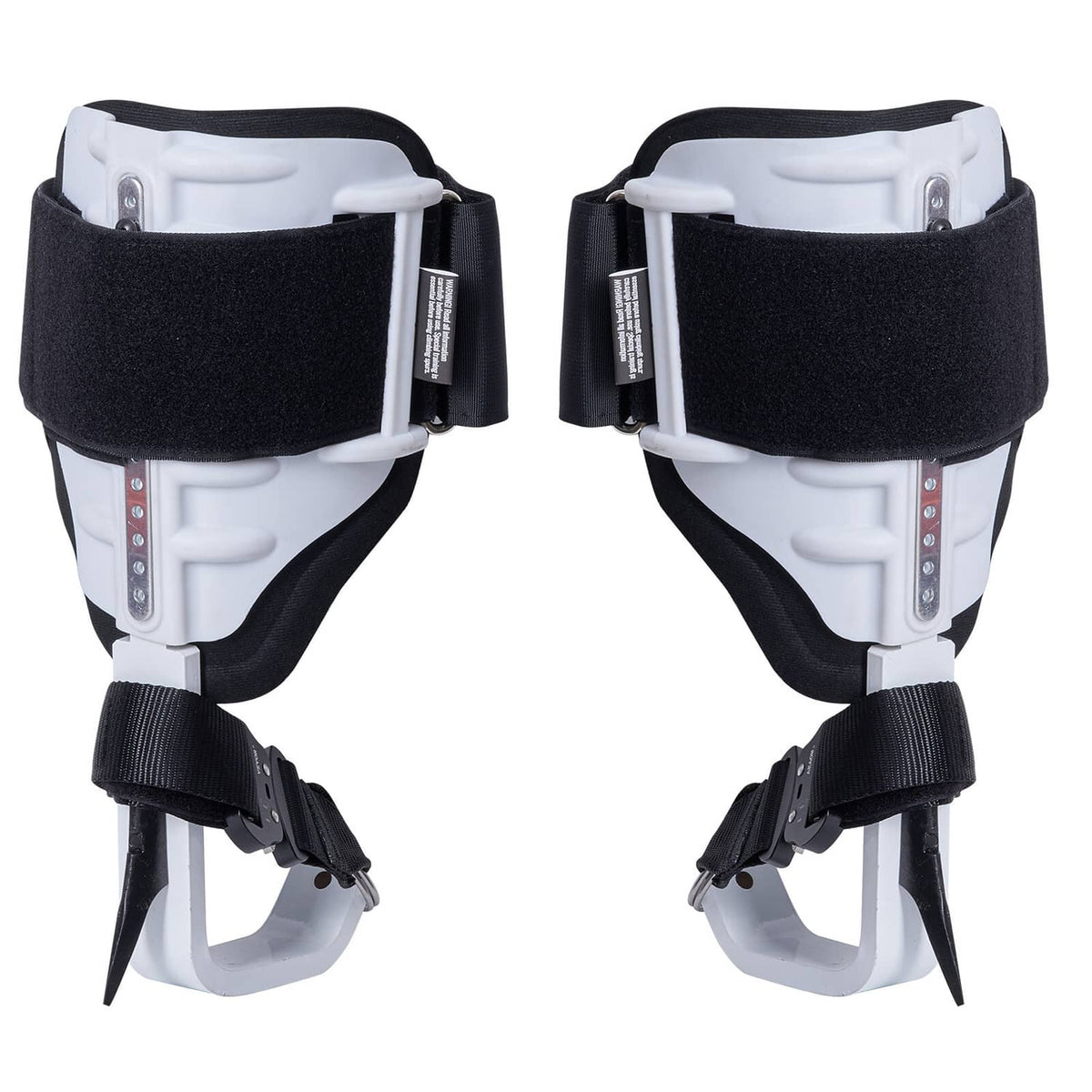Tree climbing spurs front view pair with black pads, straps, and metal spike points