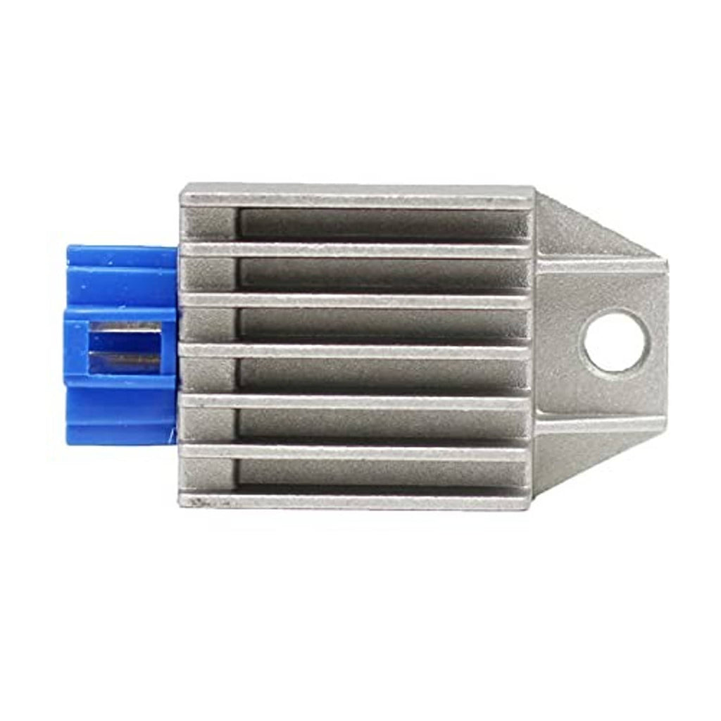 Voltage regulator rectifier with silver housing and blue plug connector, side view
