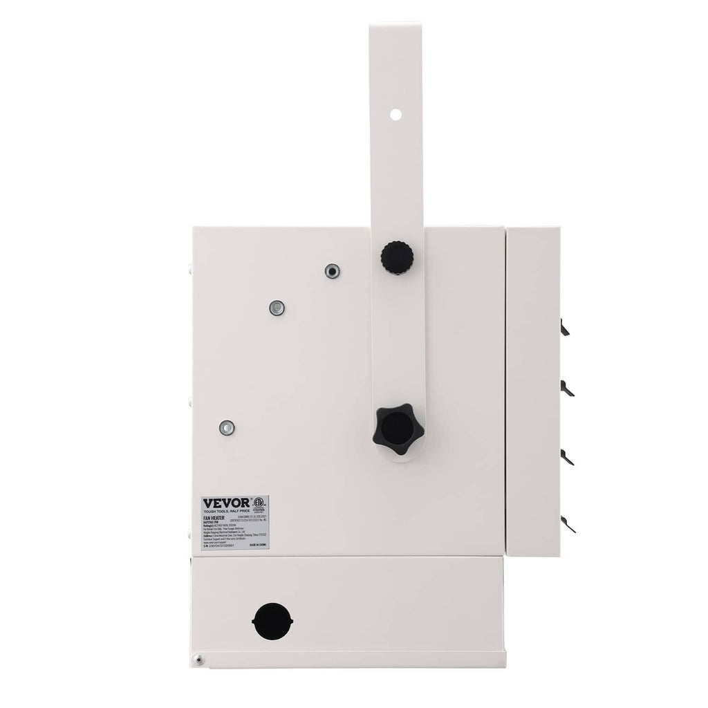 Electric garage heater with wall/ceiling mount brackets, white metal housing