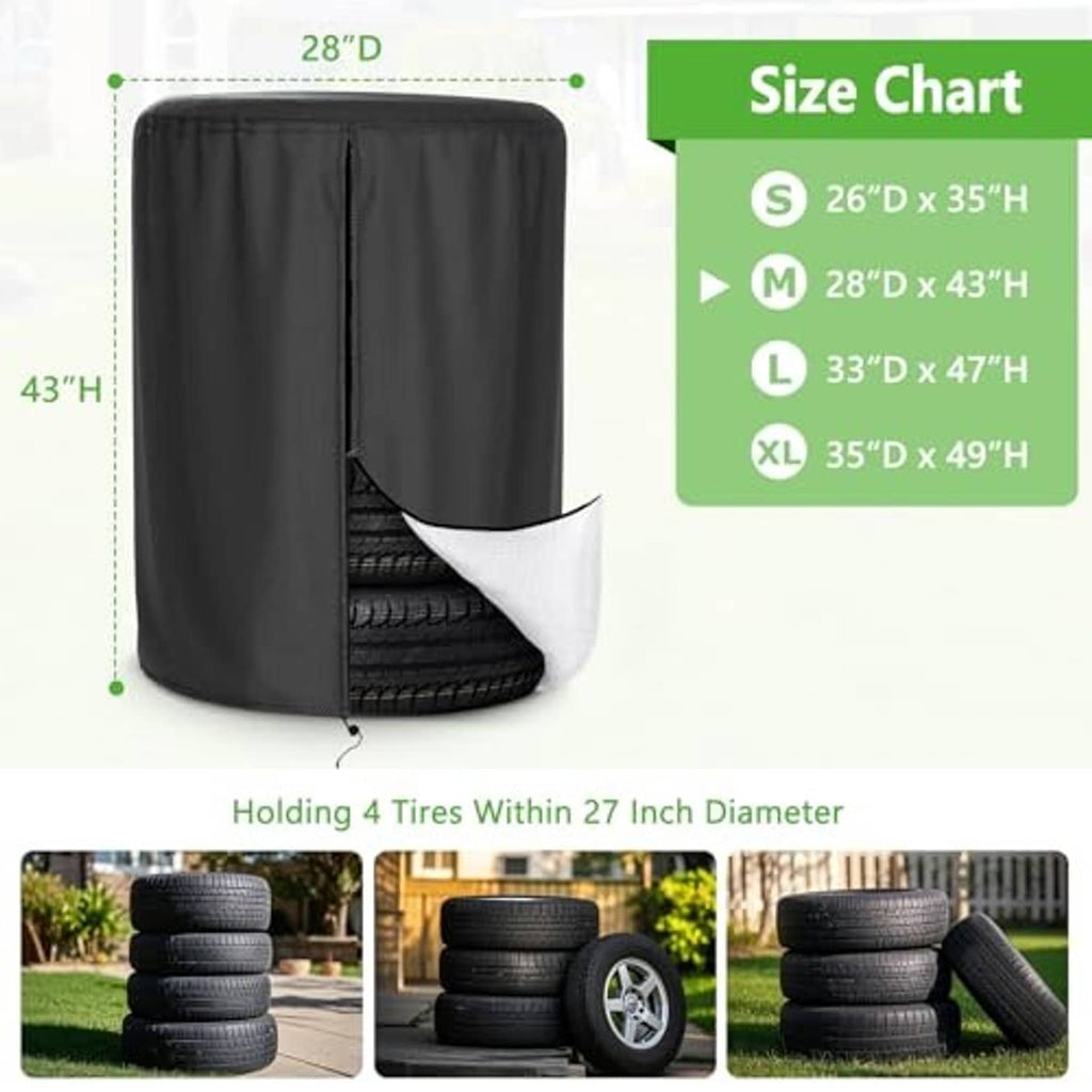 Tire cover size chart graphic with S, M, L, and XL dimensions and diagram