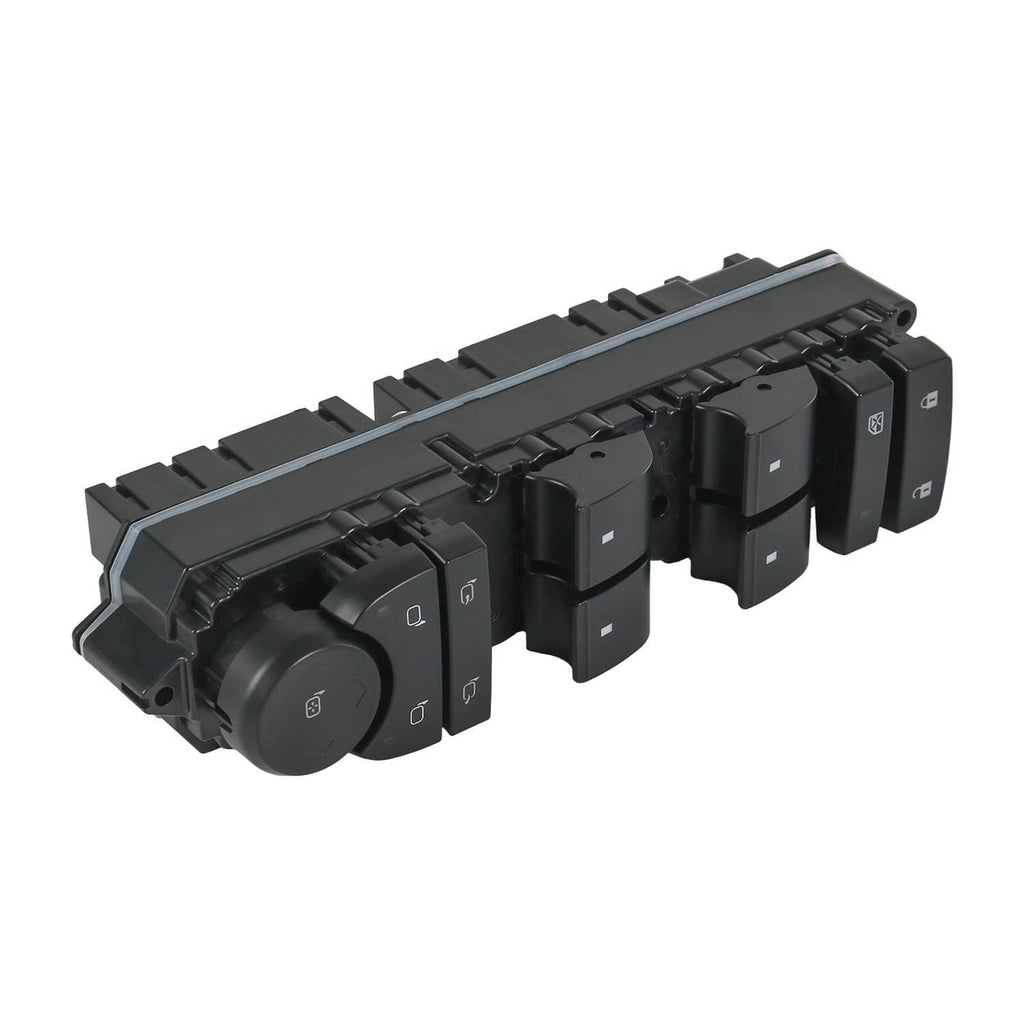 Isolated black left driver door window switch panel with rocker switches and control knob