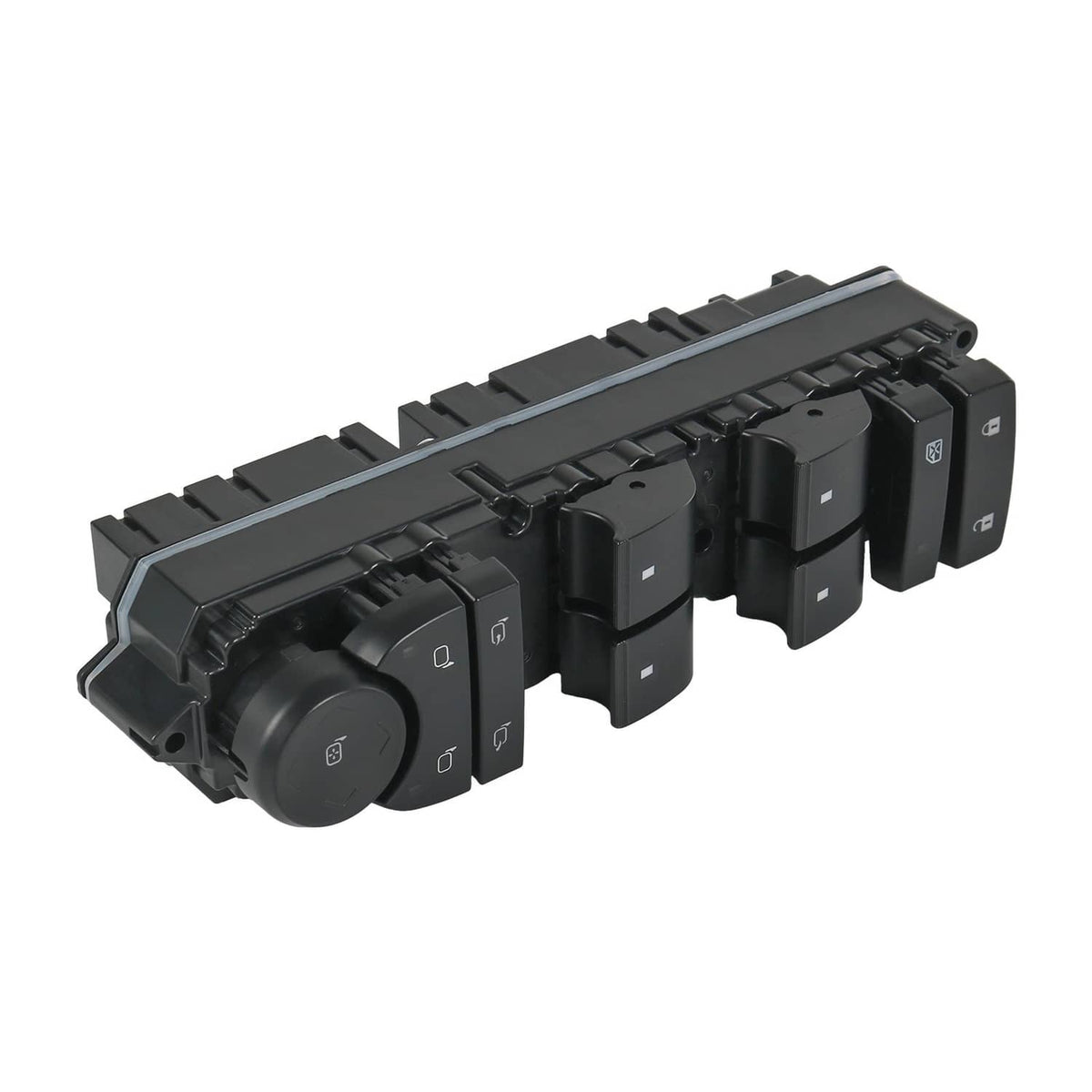 Isolated black left driver door window switch panel with rocker switches and control knob