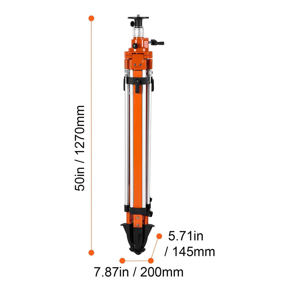 Orange aluminum tripod column with black spiked foot pads and leveling base