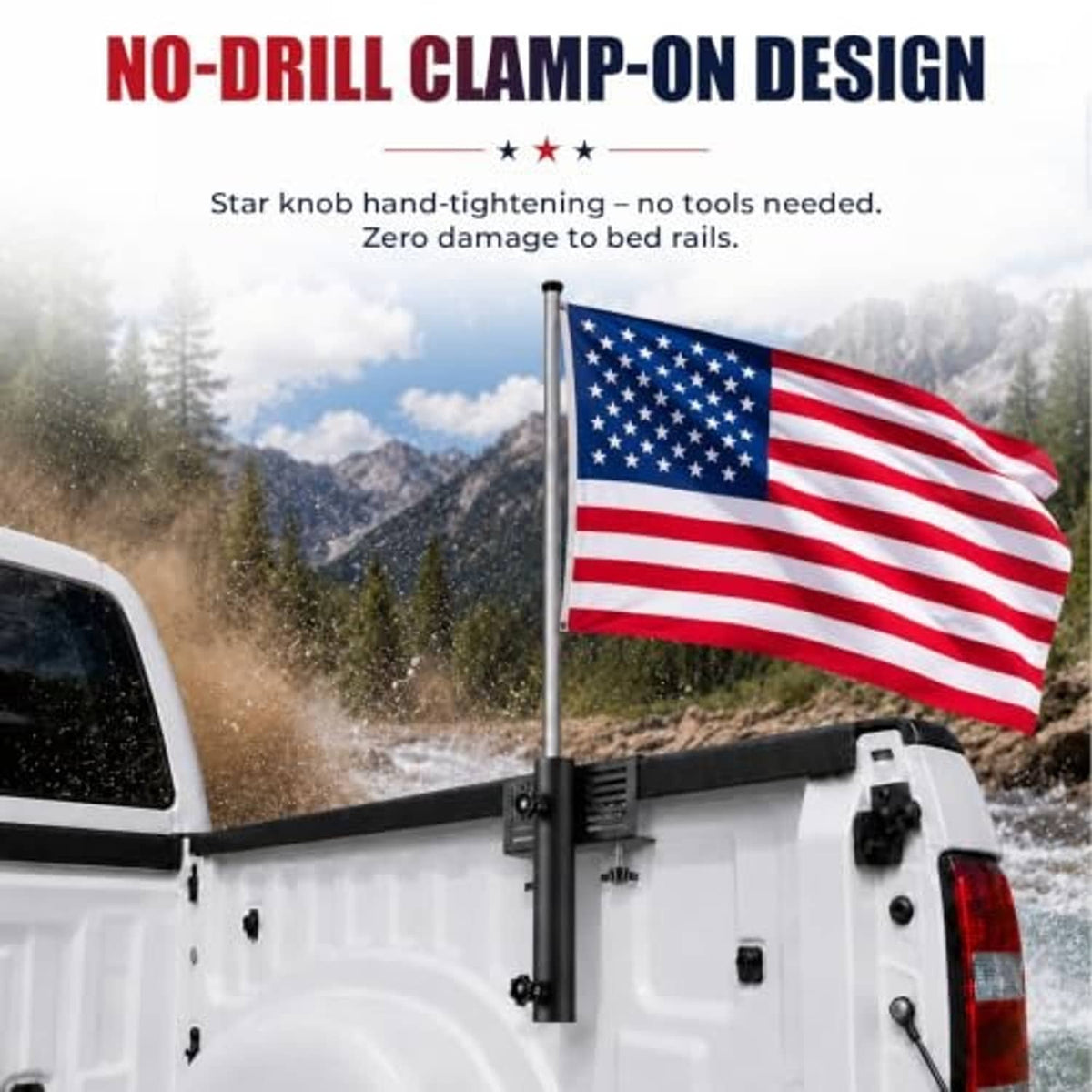 Black no-drill clamp-on truck flag pole mount kit on a pickup bed rail.