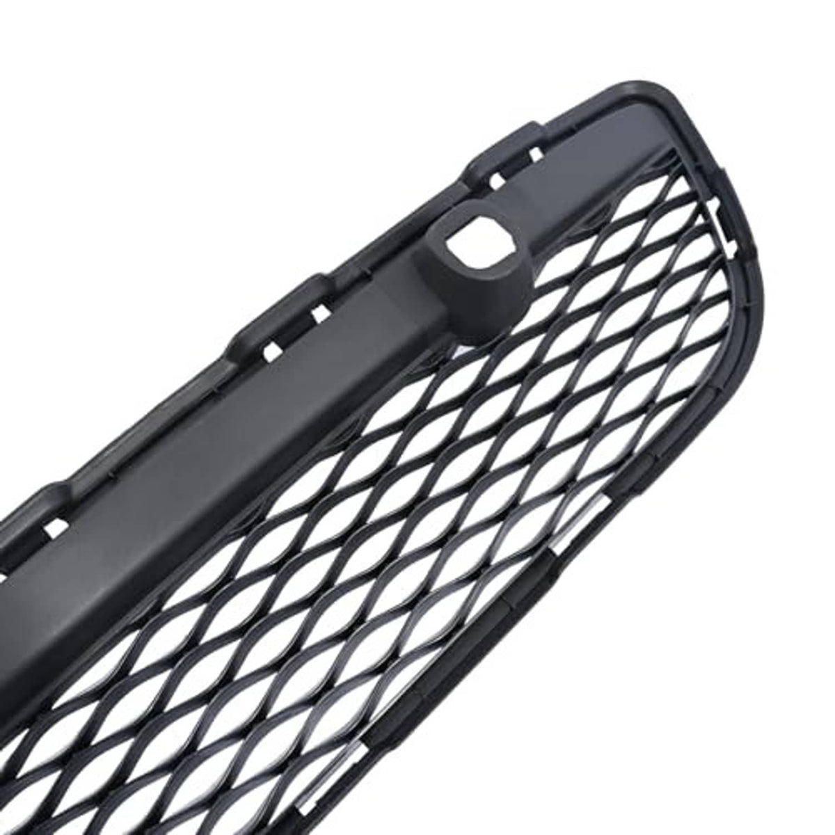 Close-up of black mesh grille insert with diamond openings and plastic frame