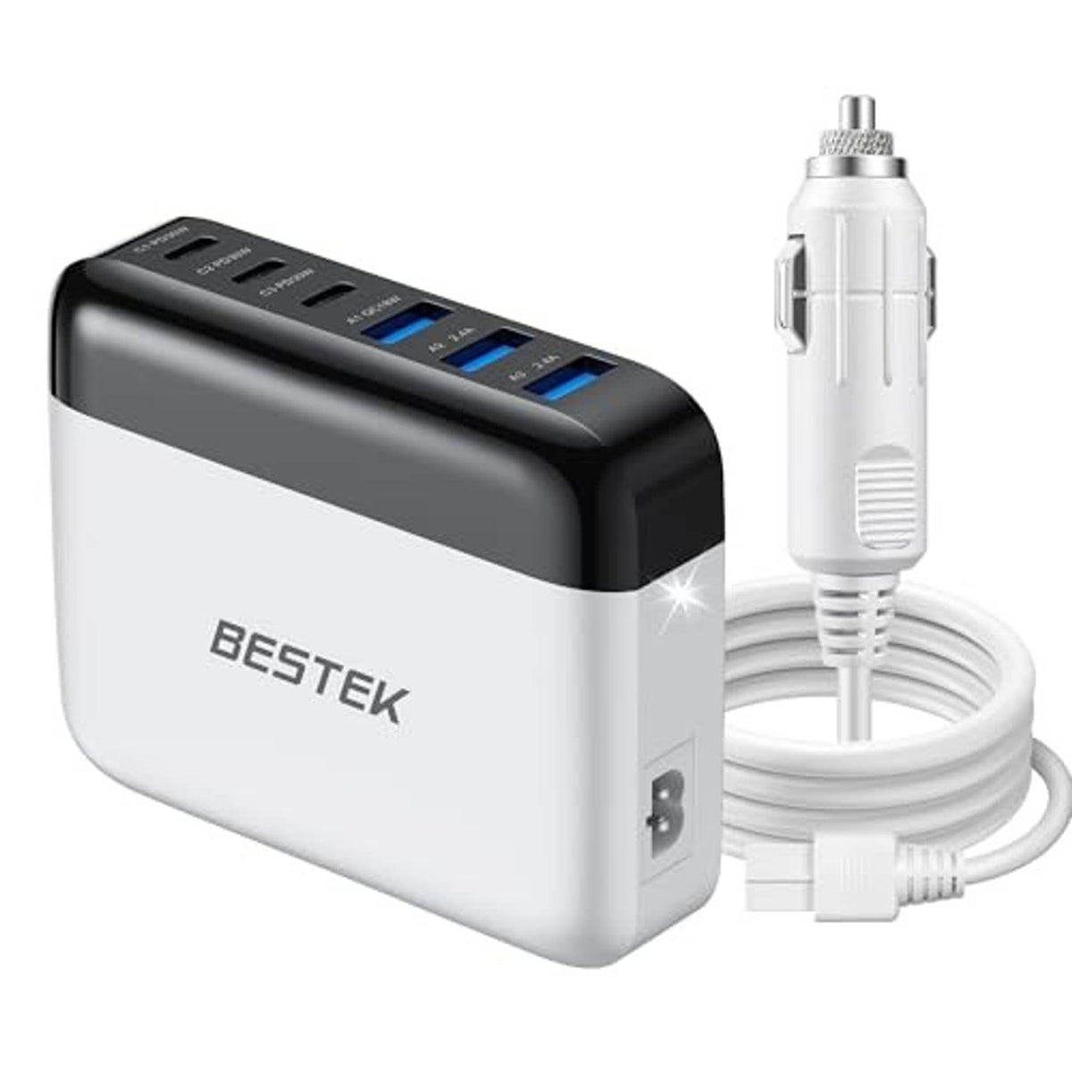 Compact multi-port car USB charger with white cable, black top, multiple charging ports