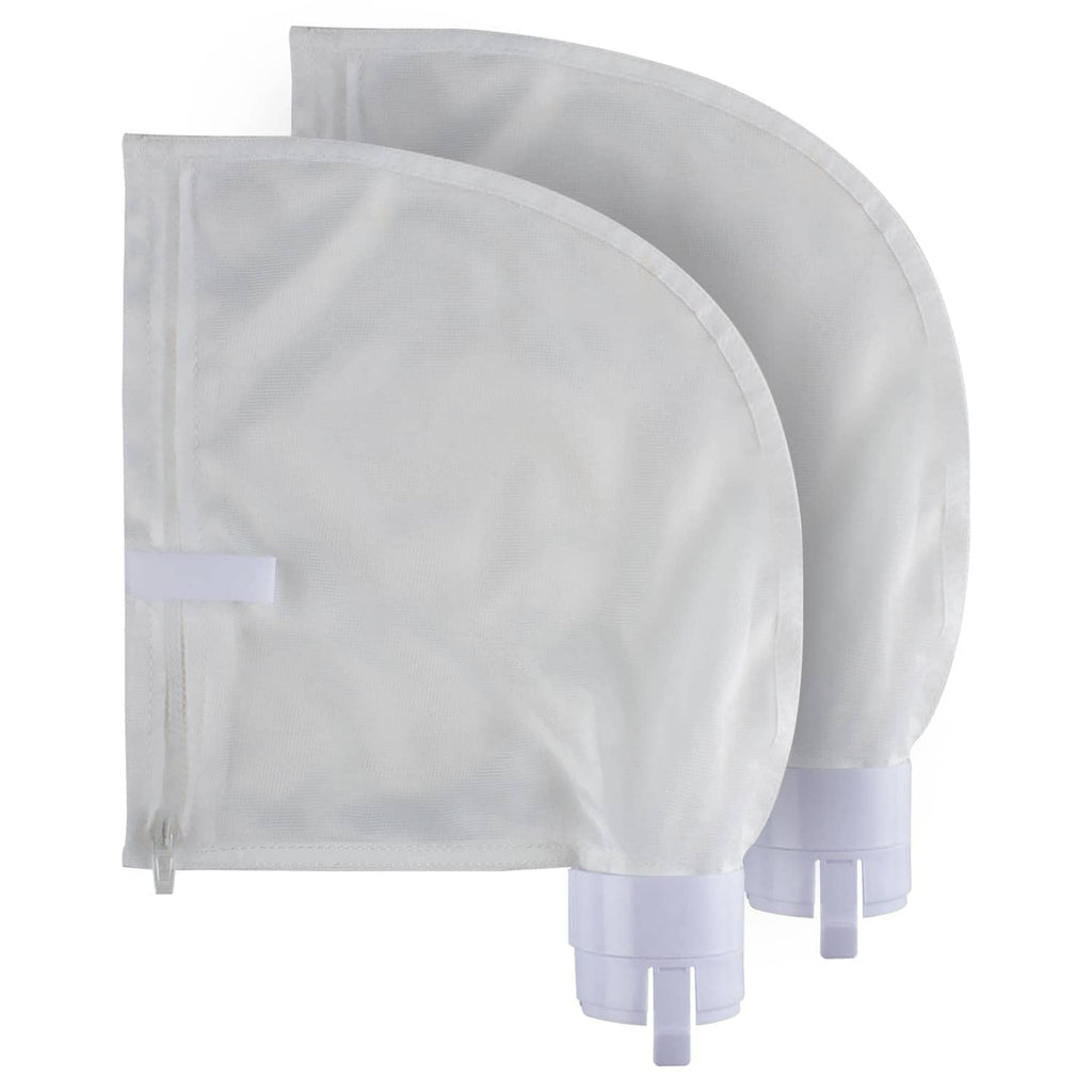 White pool cleaner replacement bag with zipper closure and plastic inlet ports