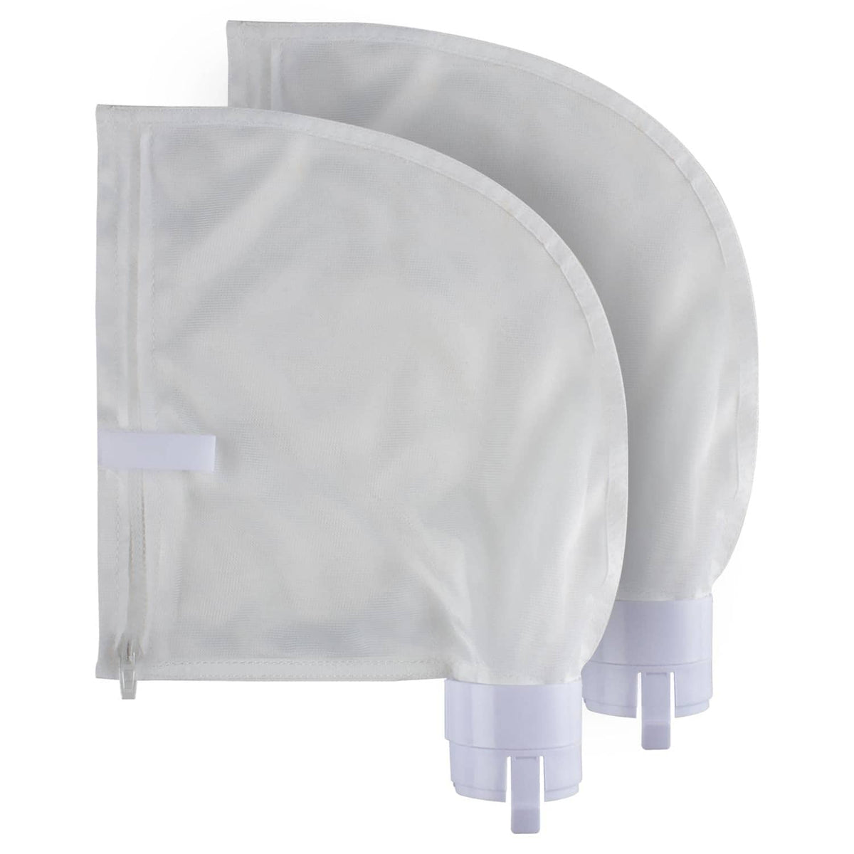 White pool cleaner replacement bag with zipper closure and plastic inlet ports