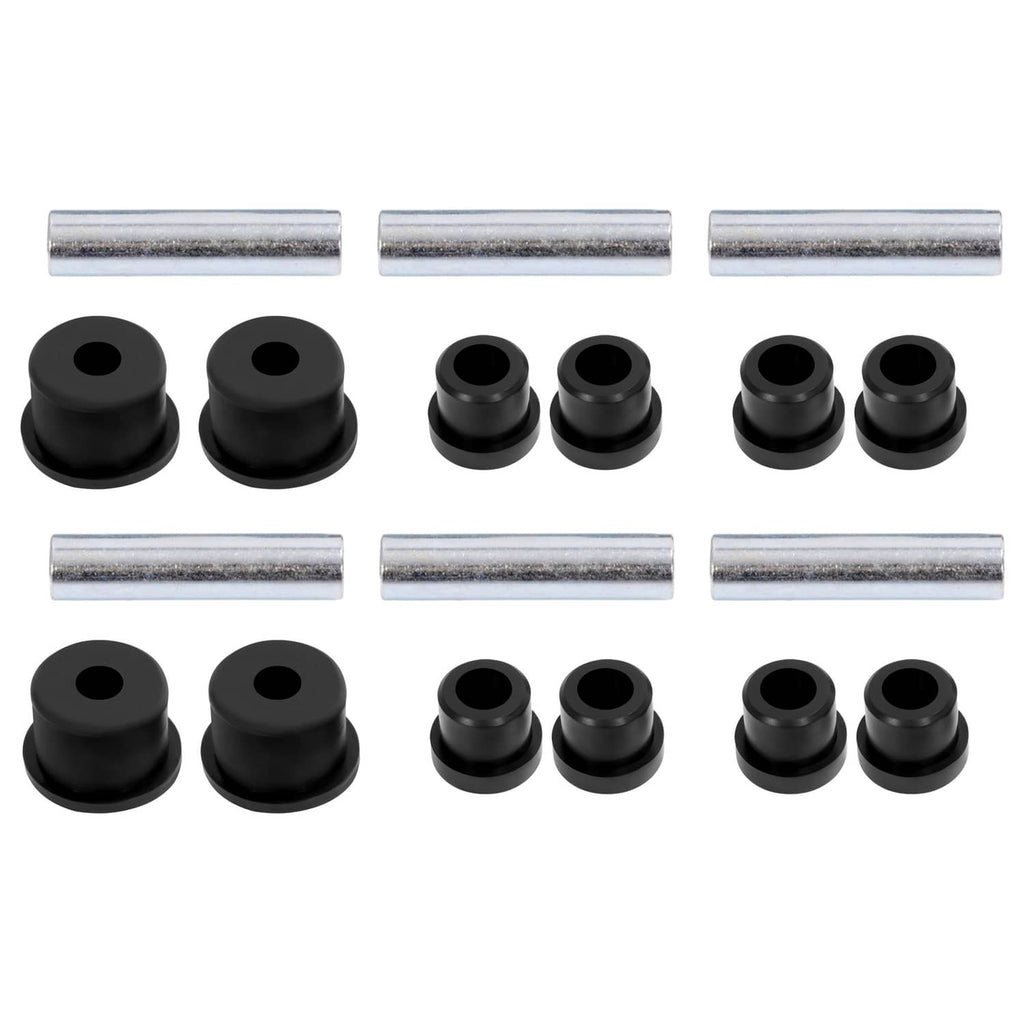 Leaf spring bushing kit showing black bushings and silver steel sleeves in two rows