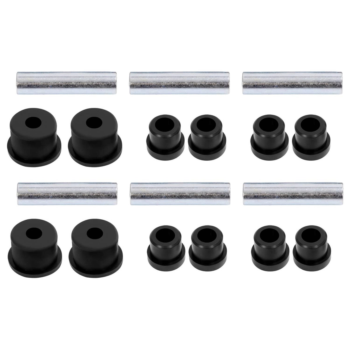 Leaf spring bushing kit showing black bushings and silver steel sleeves in two rows