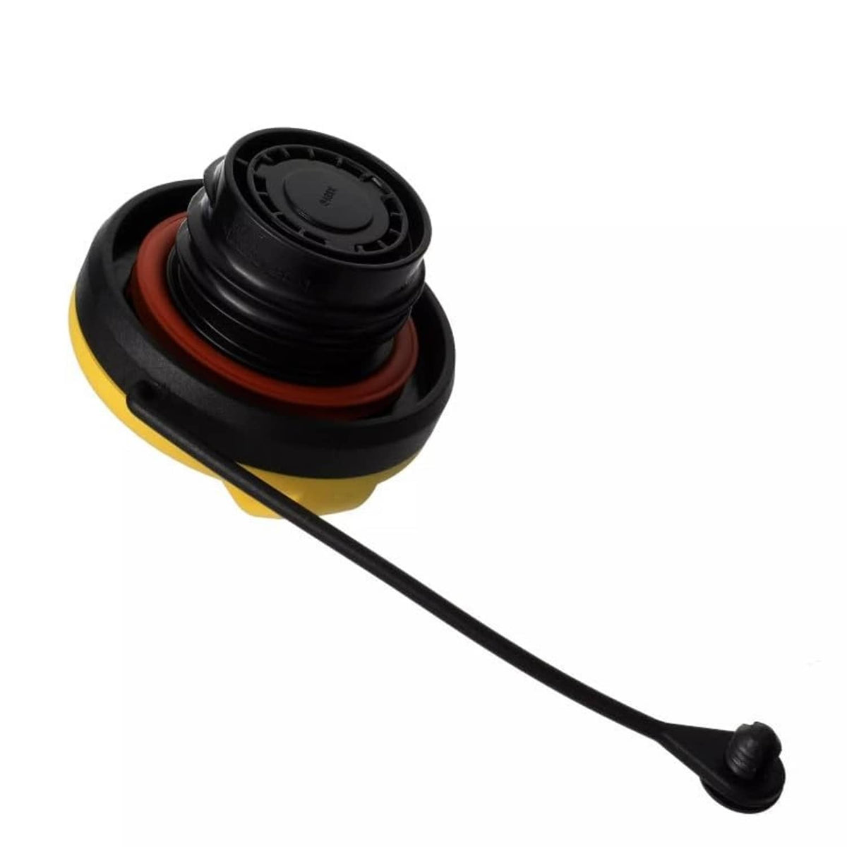Fuel filler cap assembly with black cap, orange gasket ring, black hose