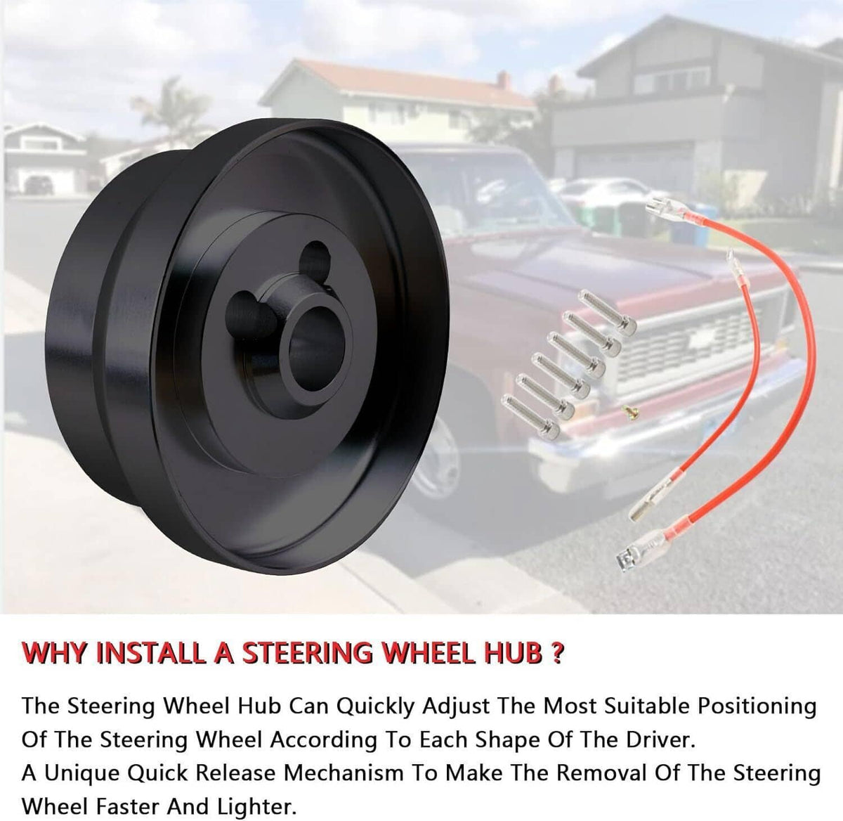Black steering wheel hub adapter with bolt studs and red wire harness laid beside it