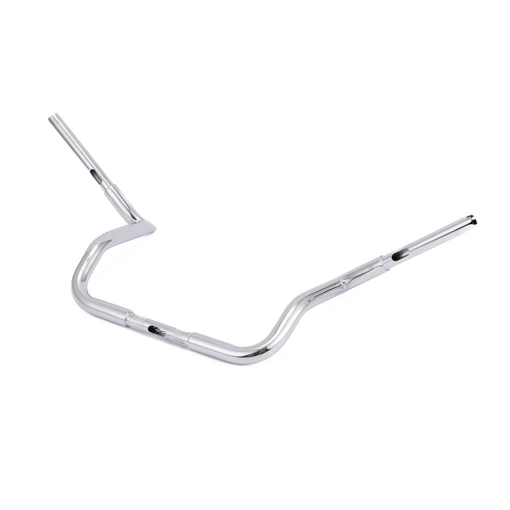 Chrome 12-inch ape handlebar, isolated angled view with tapered ends