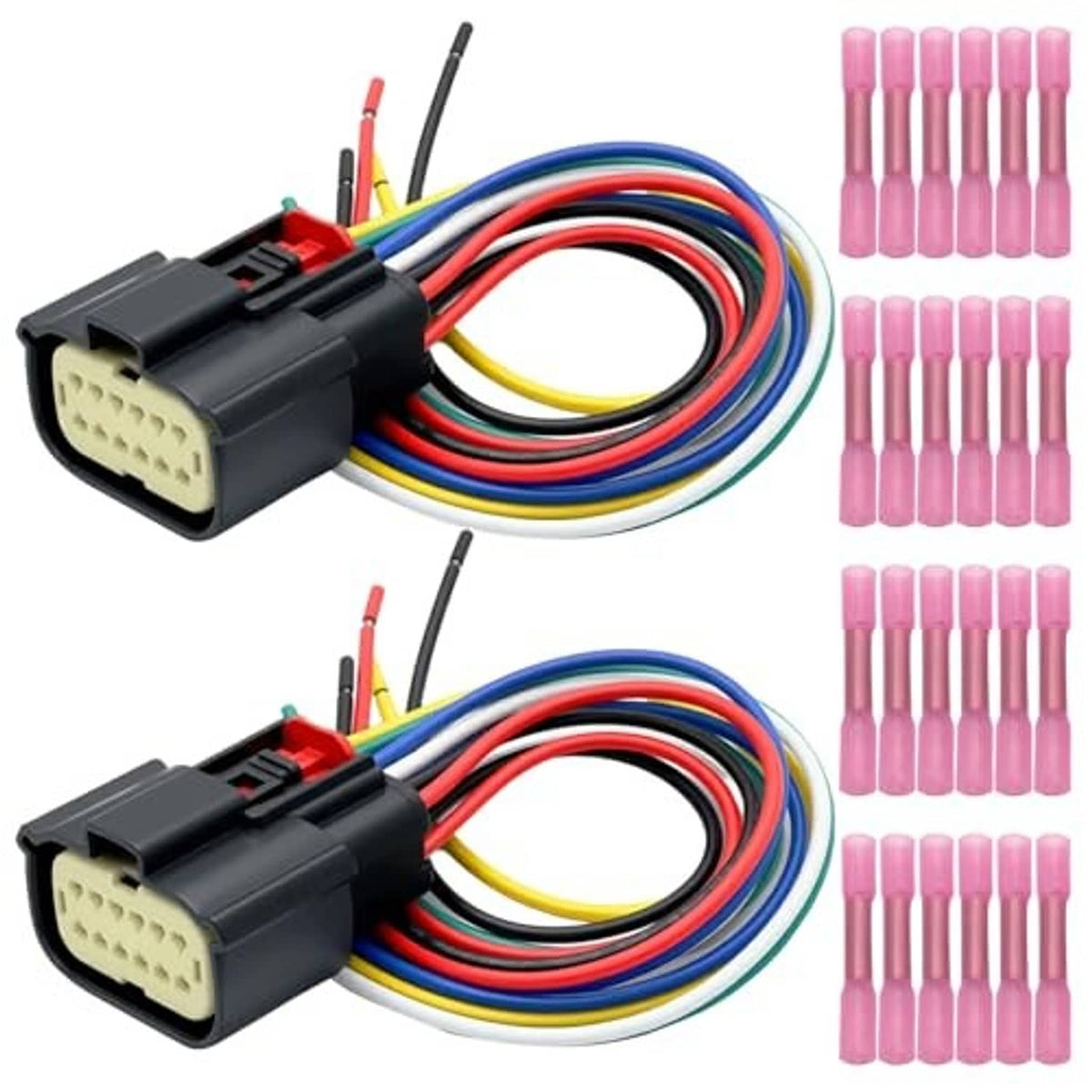 Two headlight 12-pin pigtail connectors with multi-color wires and pink terminal sleeves