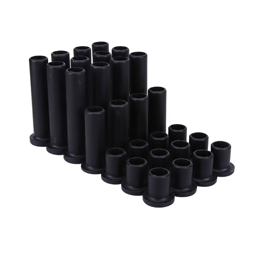 Black A-arm bushing set with cylindrical rubber sleeves and flanged bases