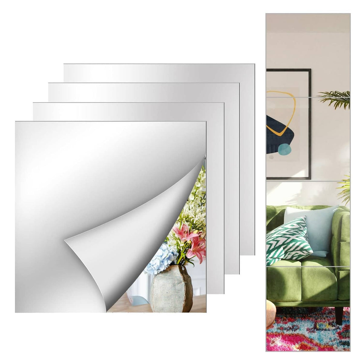 Square reflective acrylic mirror tiles, 10x10 in, 4-pack, with protective film