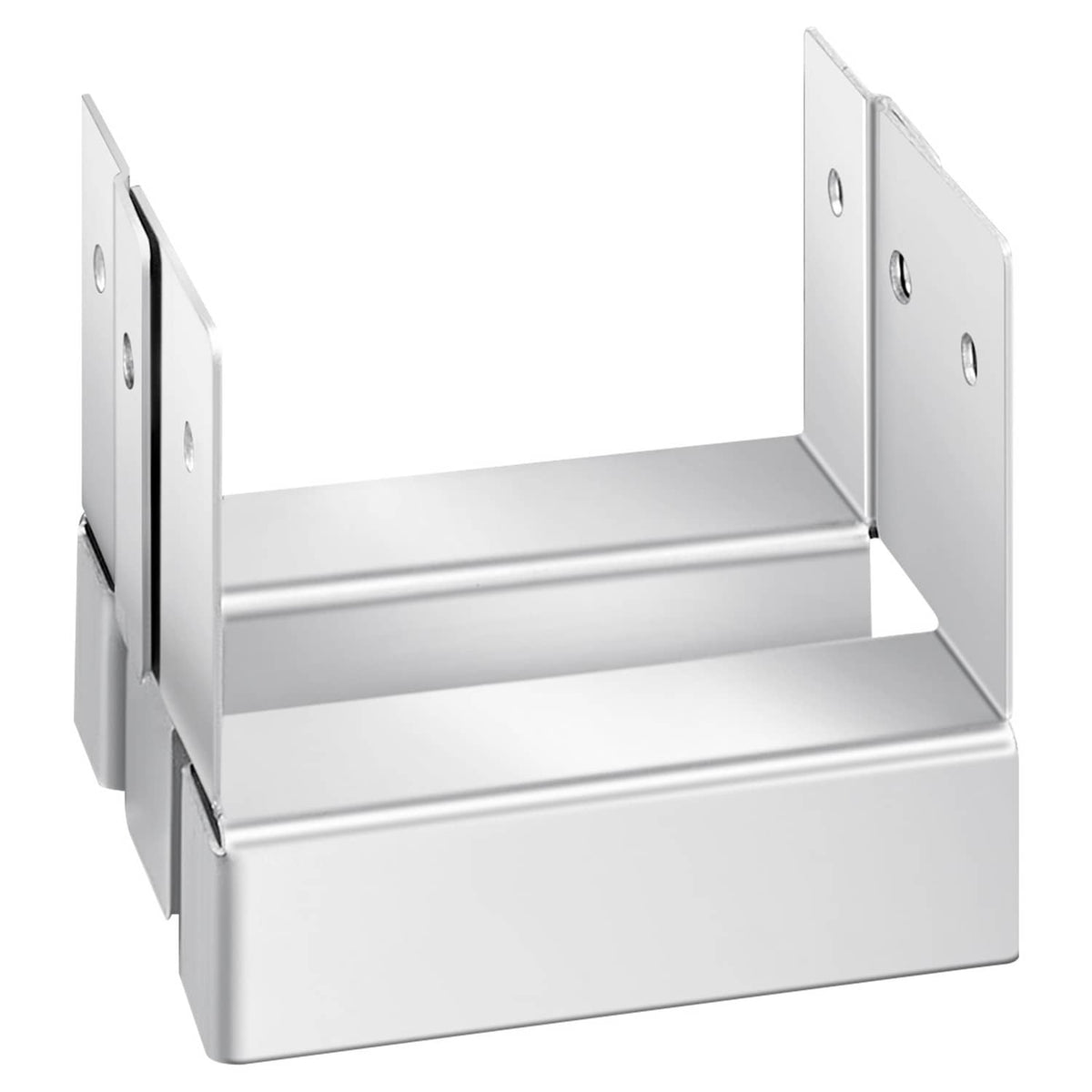 3D view of metal 4x4 post base bracket with side plates and concrete mounting support