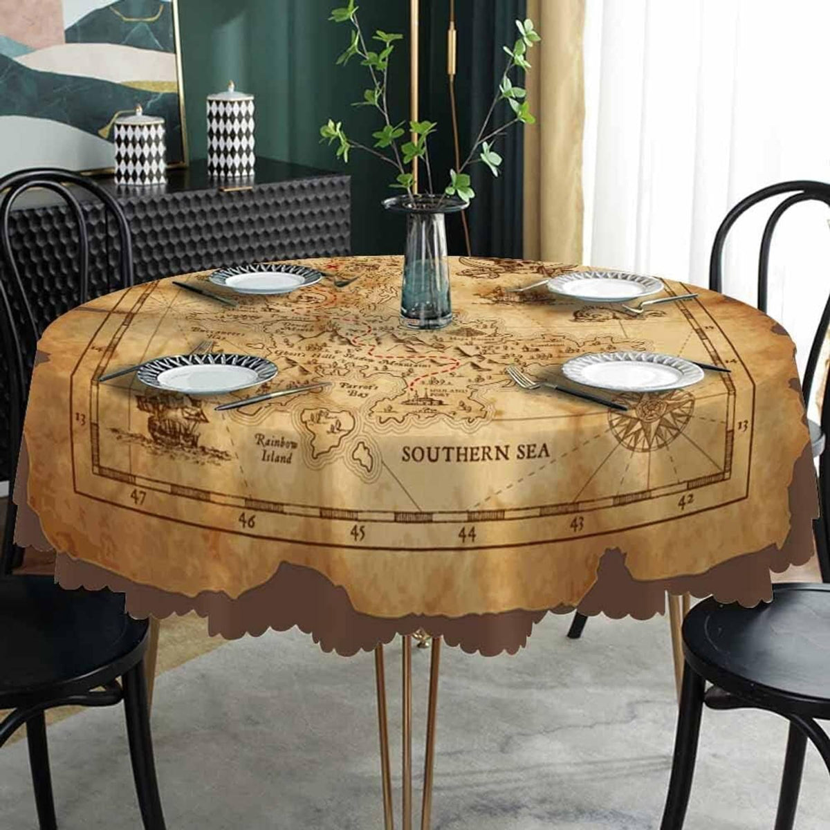60-inch round map-pattern waterproof tablecloth on a dining table with plates