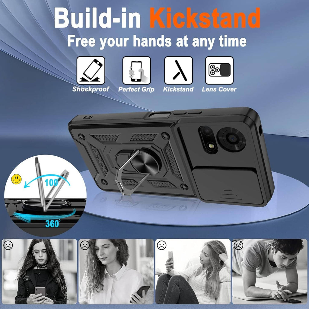 Black rugged phone case with built-in kickstand and raised camera bezel