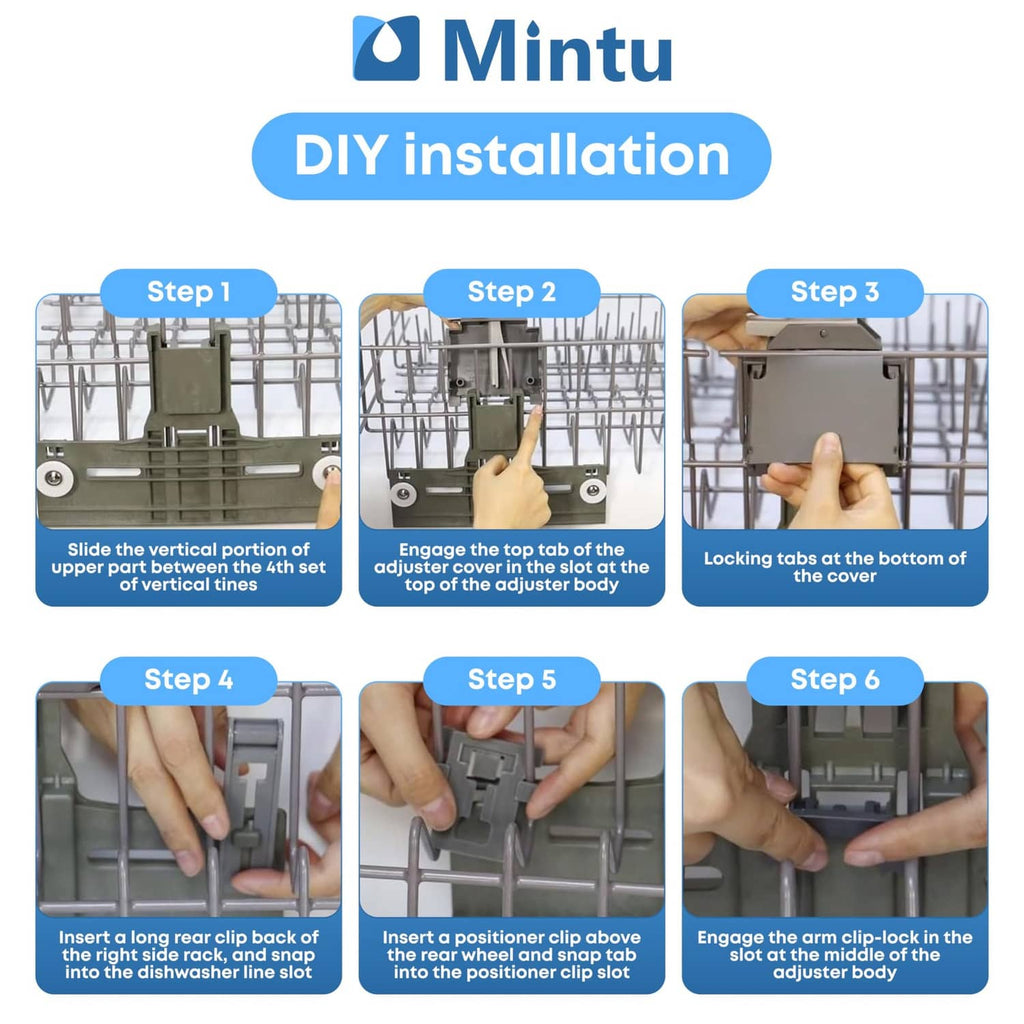 Top rack adjuster installation steps showing clip placement and slot insertion
