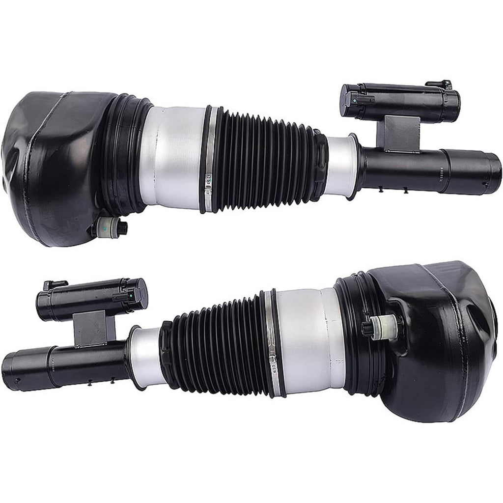 Pair view of front air suspension struts with black air springs and silver connector bands