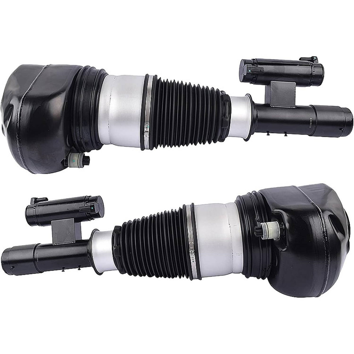 Pair view of front air suspension struts with black air springs and silver connector bands