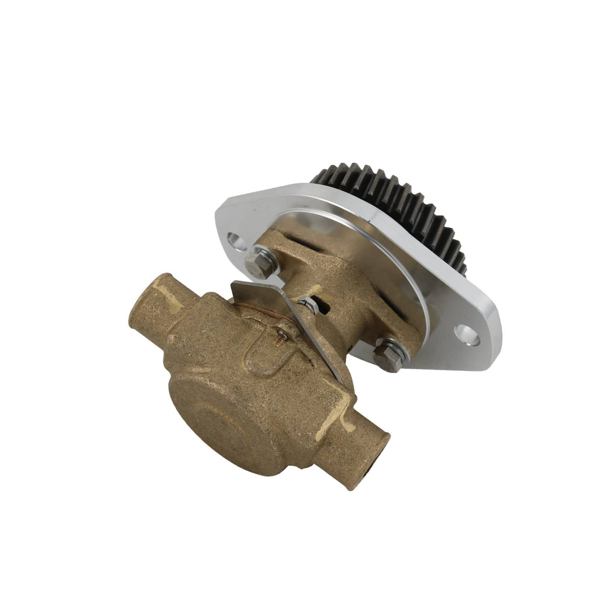 Raw water pump with bronze housing and silver flange, toothed gear wheel visible