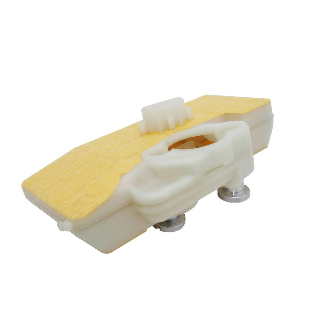 Air filter cleaner with yellow foam filter and white plastic frame, side view