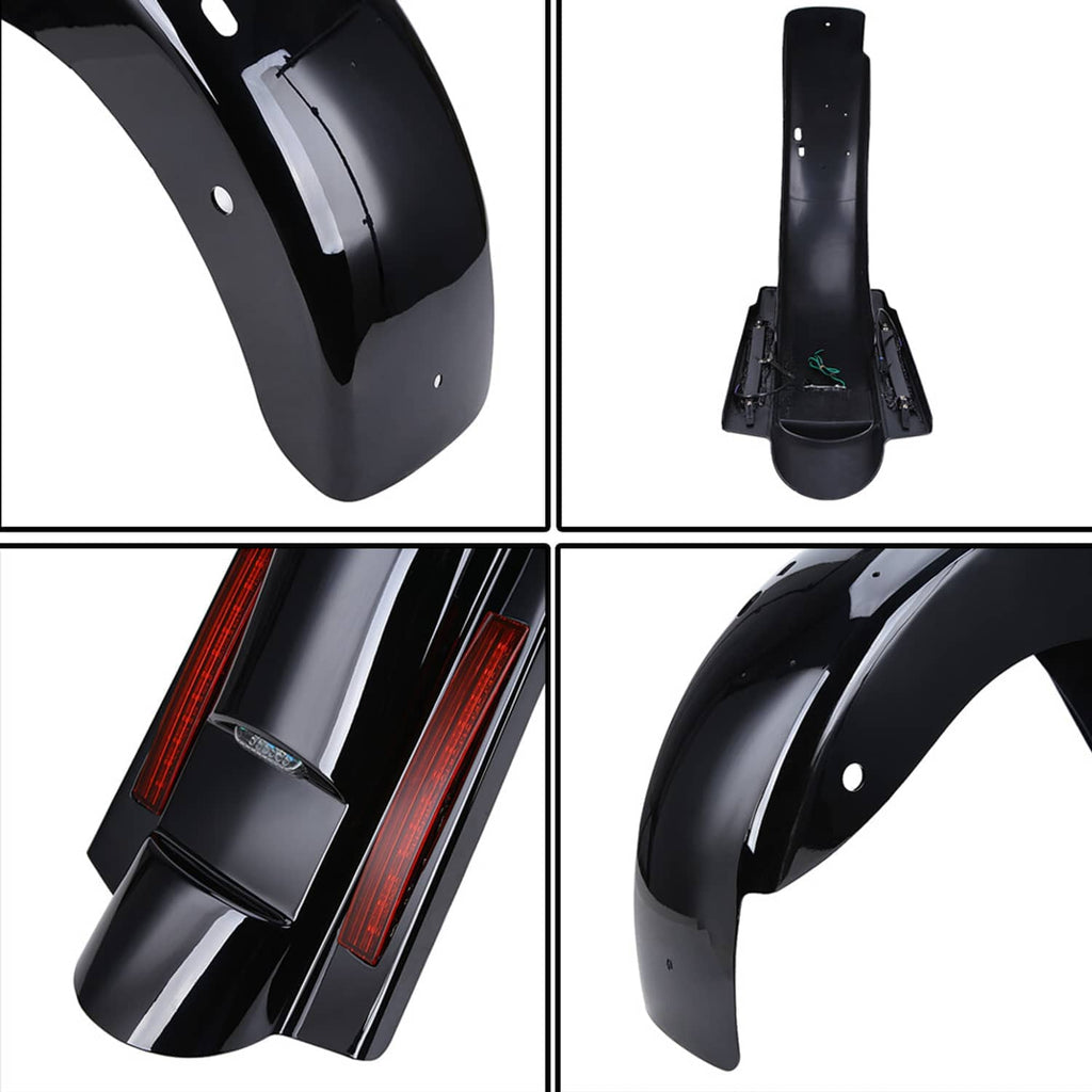Black rear fender showing underside and LED light strips in close-up views