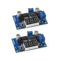 LM2596 adjustable buck converter module with blue terminal blocks and red 3-digit display