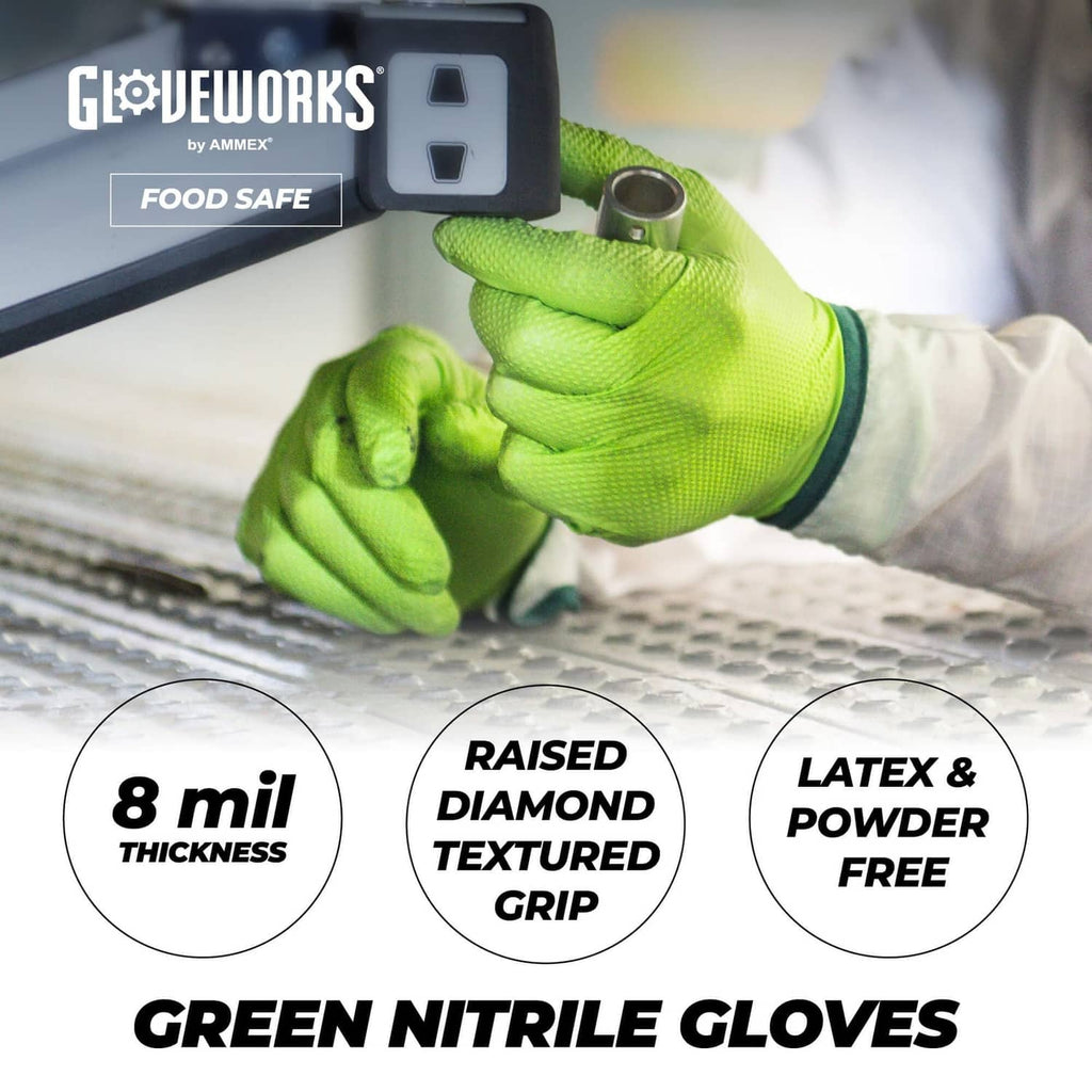 Green nitrile glove, 8 mil thick with raised diamond textured grip