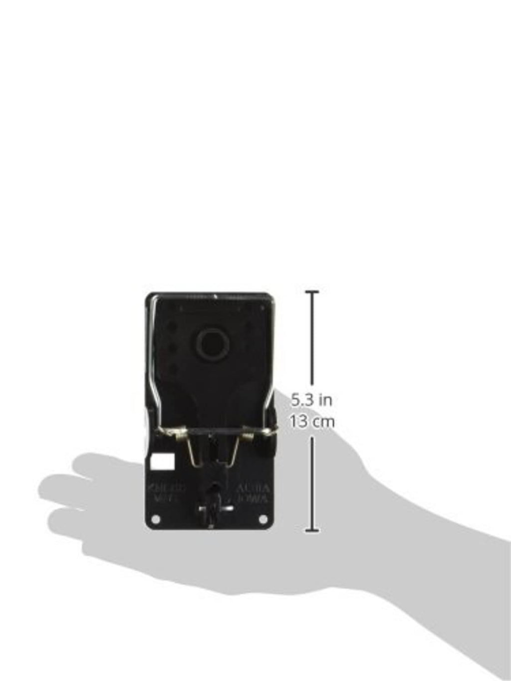 Black rat snap trap with metal frame, shown with 5.3 in height dimension