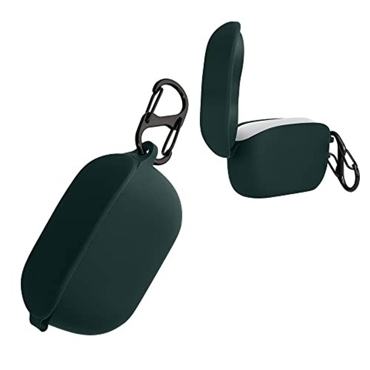 Dark green silicone wireless earbud case with side lanyard and carabiner