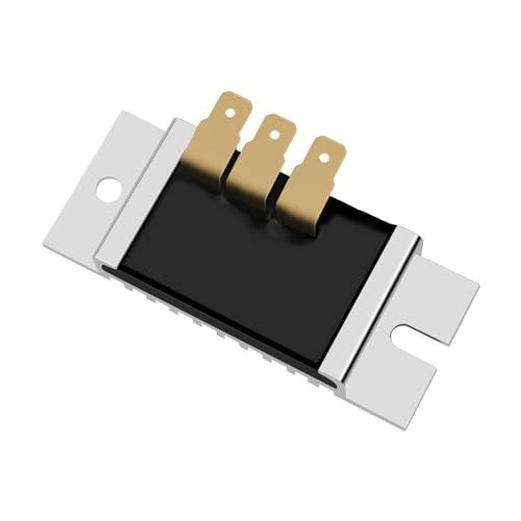 Voltage regulator rectifier with black base, silver brackets, and three gold connectors