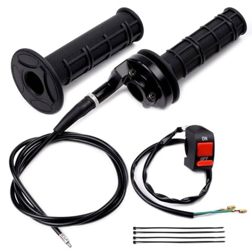 Black soft rubber twist throttle grips with throttle tube and on/off switch controls.