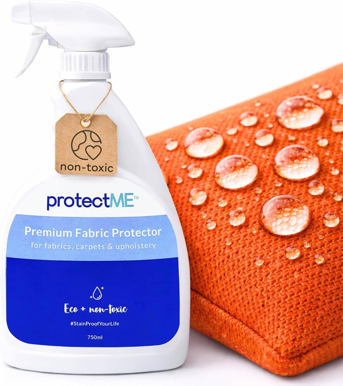 Non-toxic fabric protector spray bottle with orange upholstered cushion and blue label
