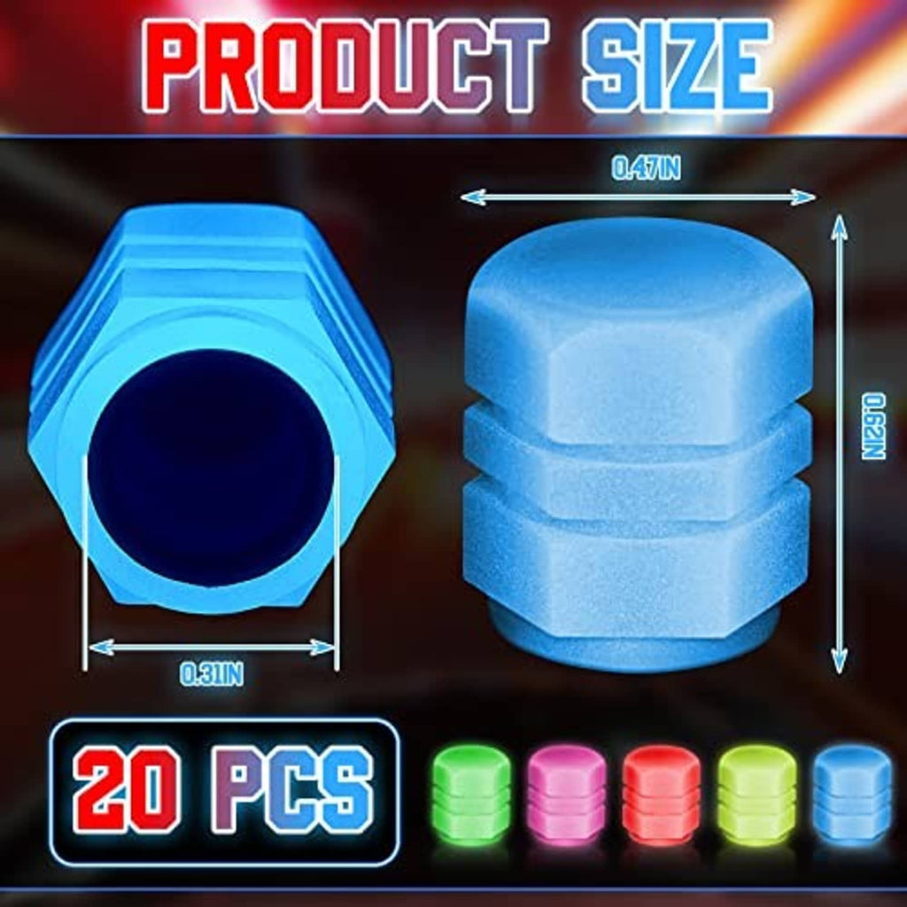 20-pack glow-in-the-dark tire valve caps, shown in blue with single cap close-up