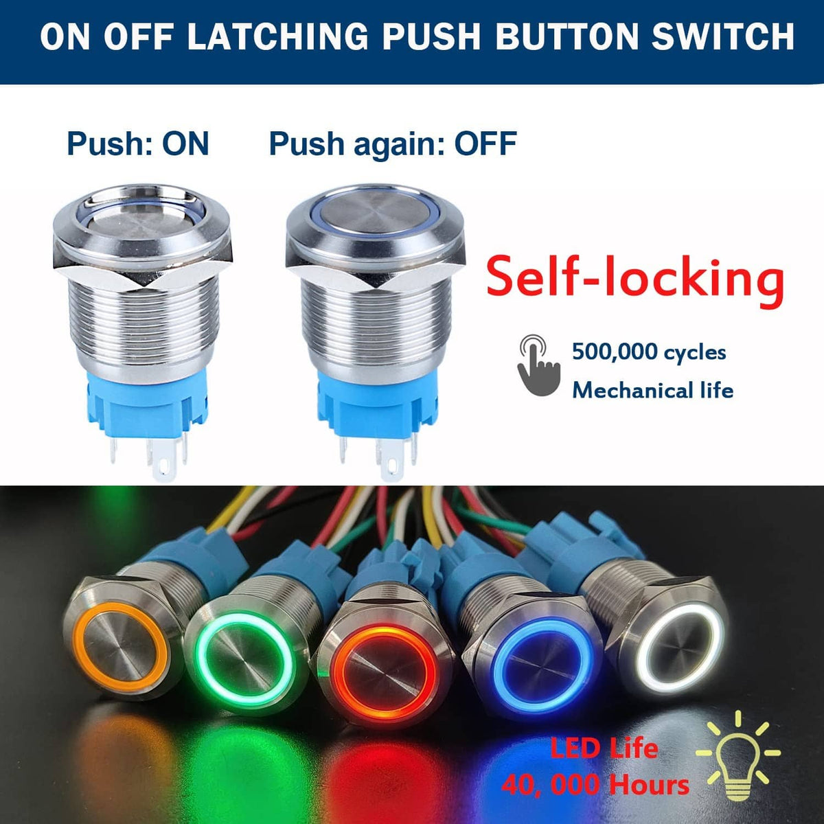 Two metal latching push button switches with blue housings and silver caps