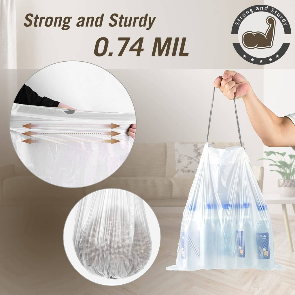 Thick white trash bags with drawstring closure, shown stretched to display strength