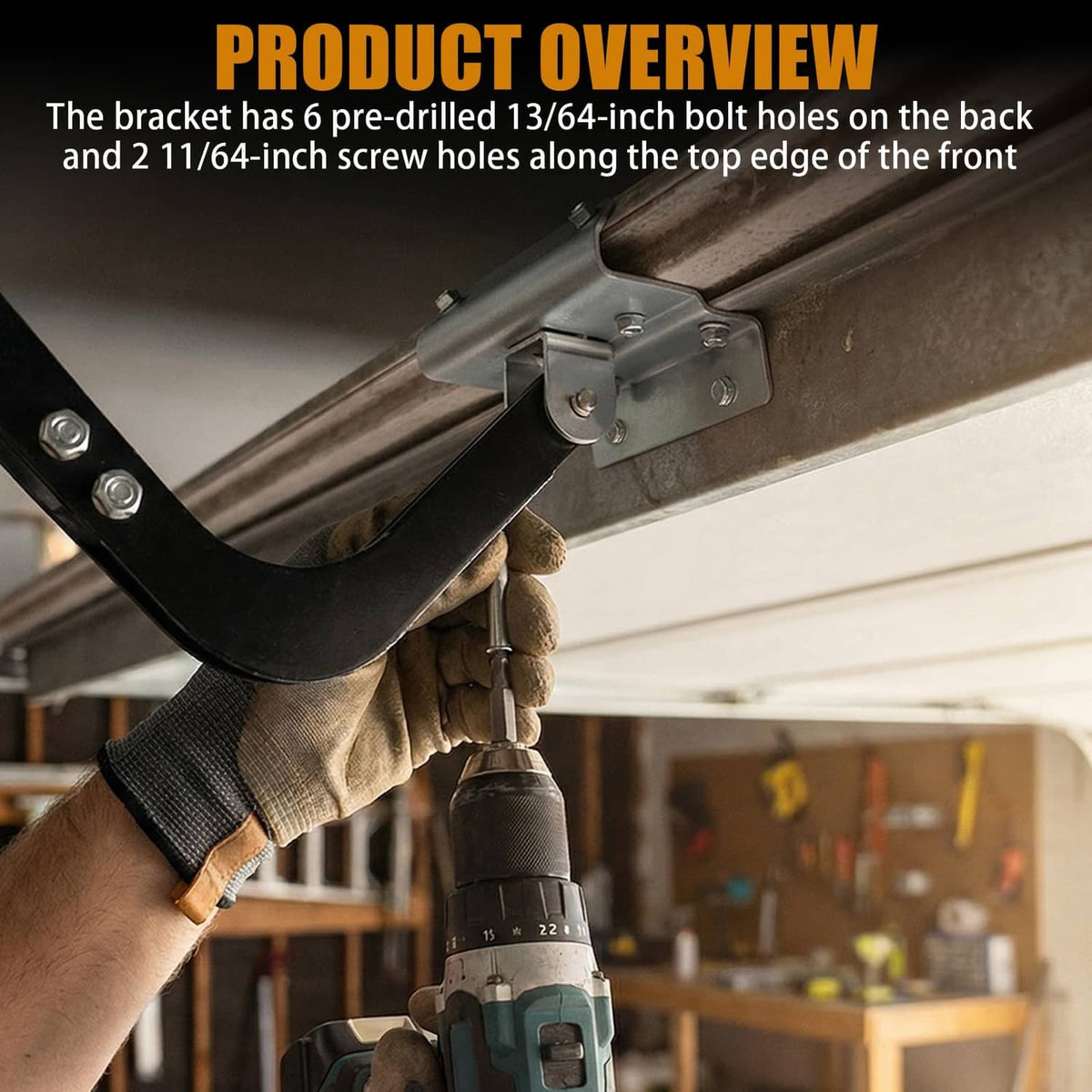 Trolley arm operator bracket mounted on garage door top edge with pin bracket