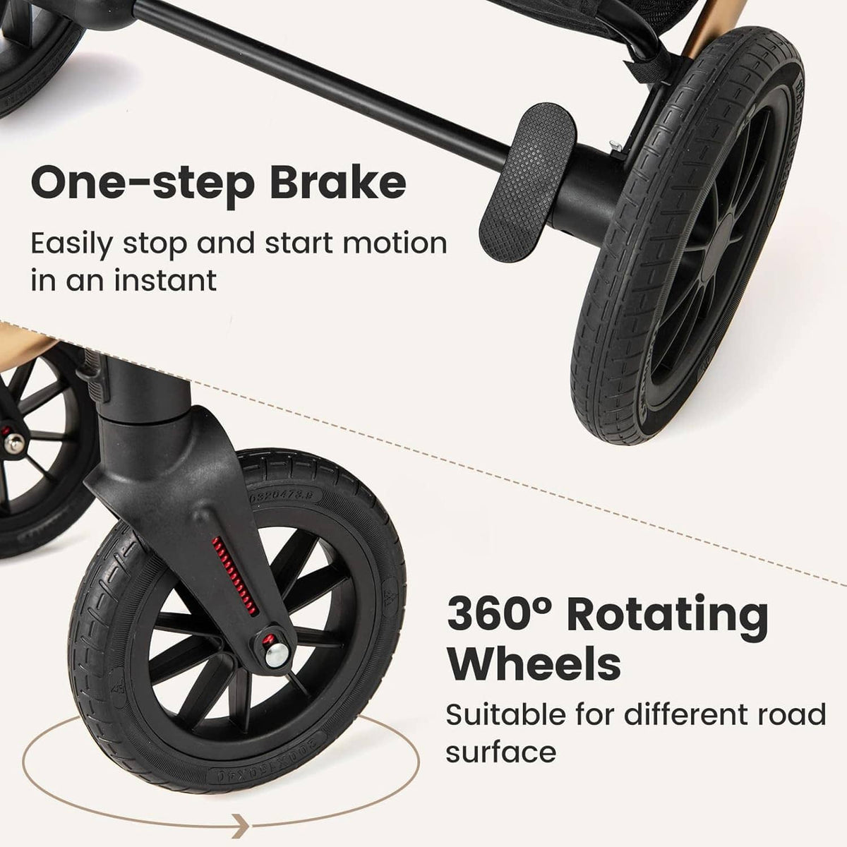 Stroller wheel and brake area with 360-degree rotating wheels, black frame