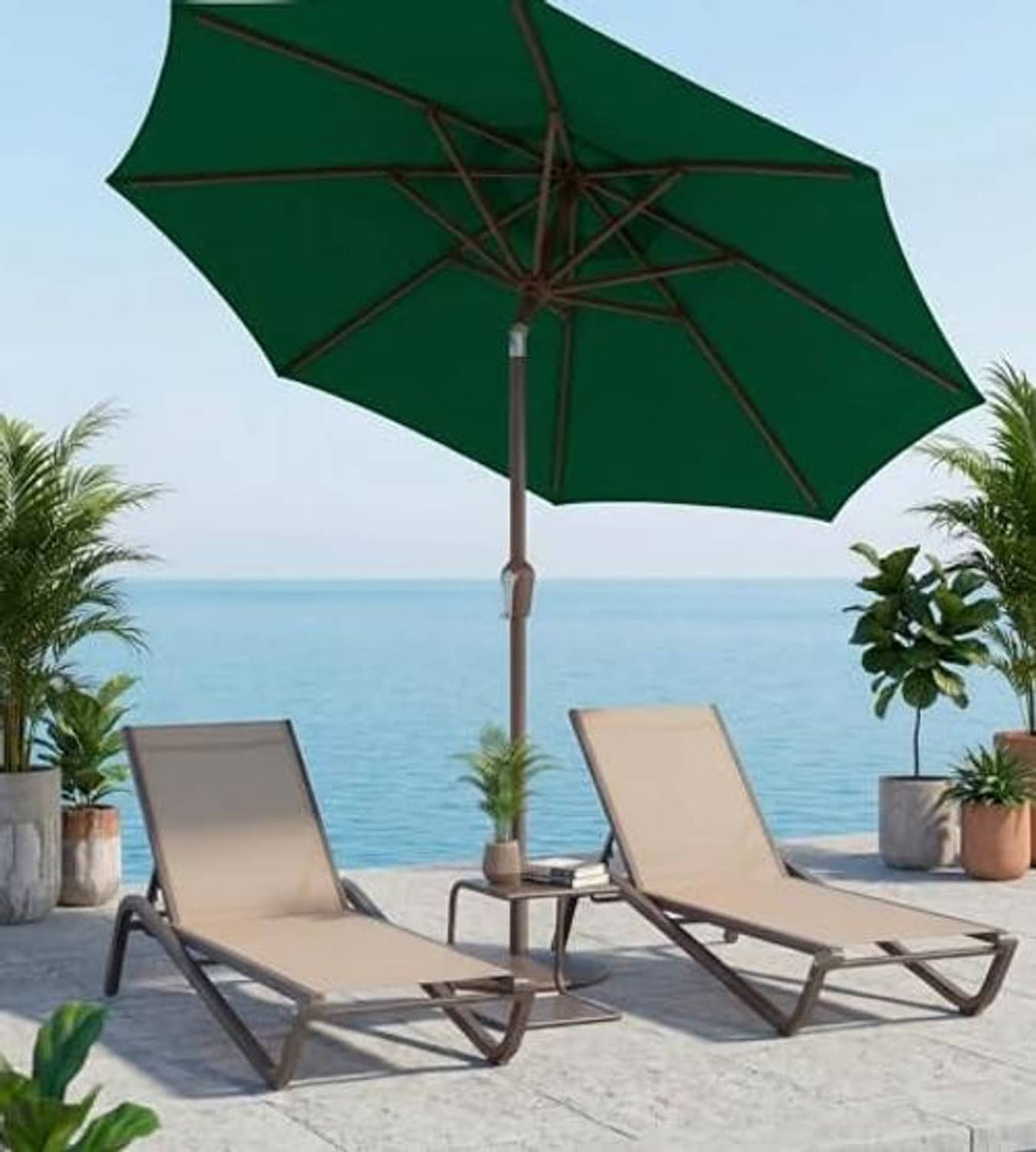 Dark green patio umbrella over outdoor lounge chairs with tilting canopy