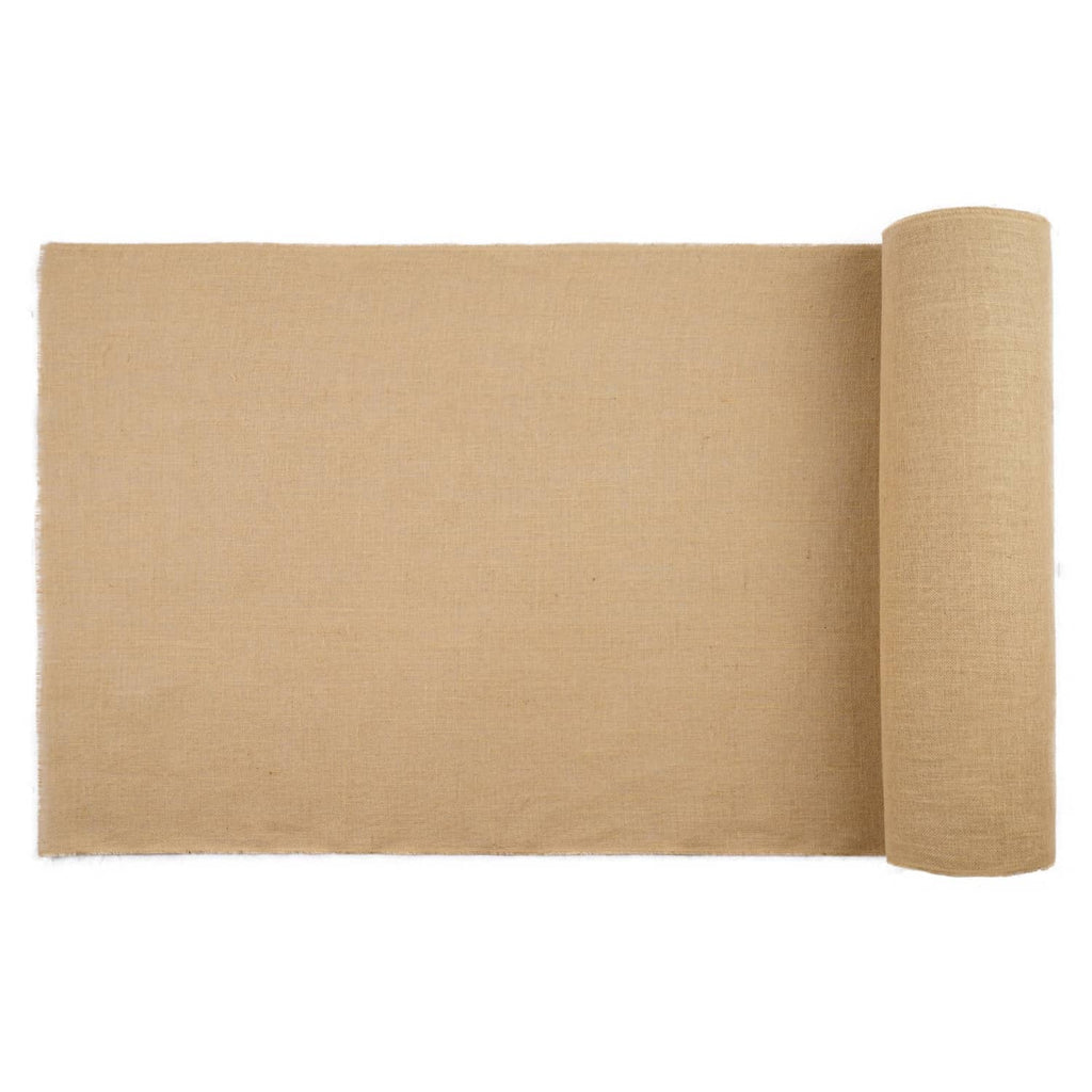 Burlap fabric roll with tan woven sheet, rustic craft wrapping material