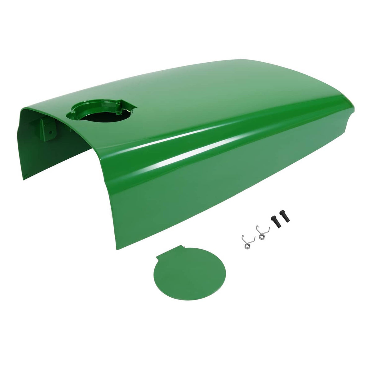 Green tractor upper hood panel with fuel door opening and included mounting hardware