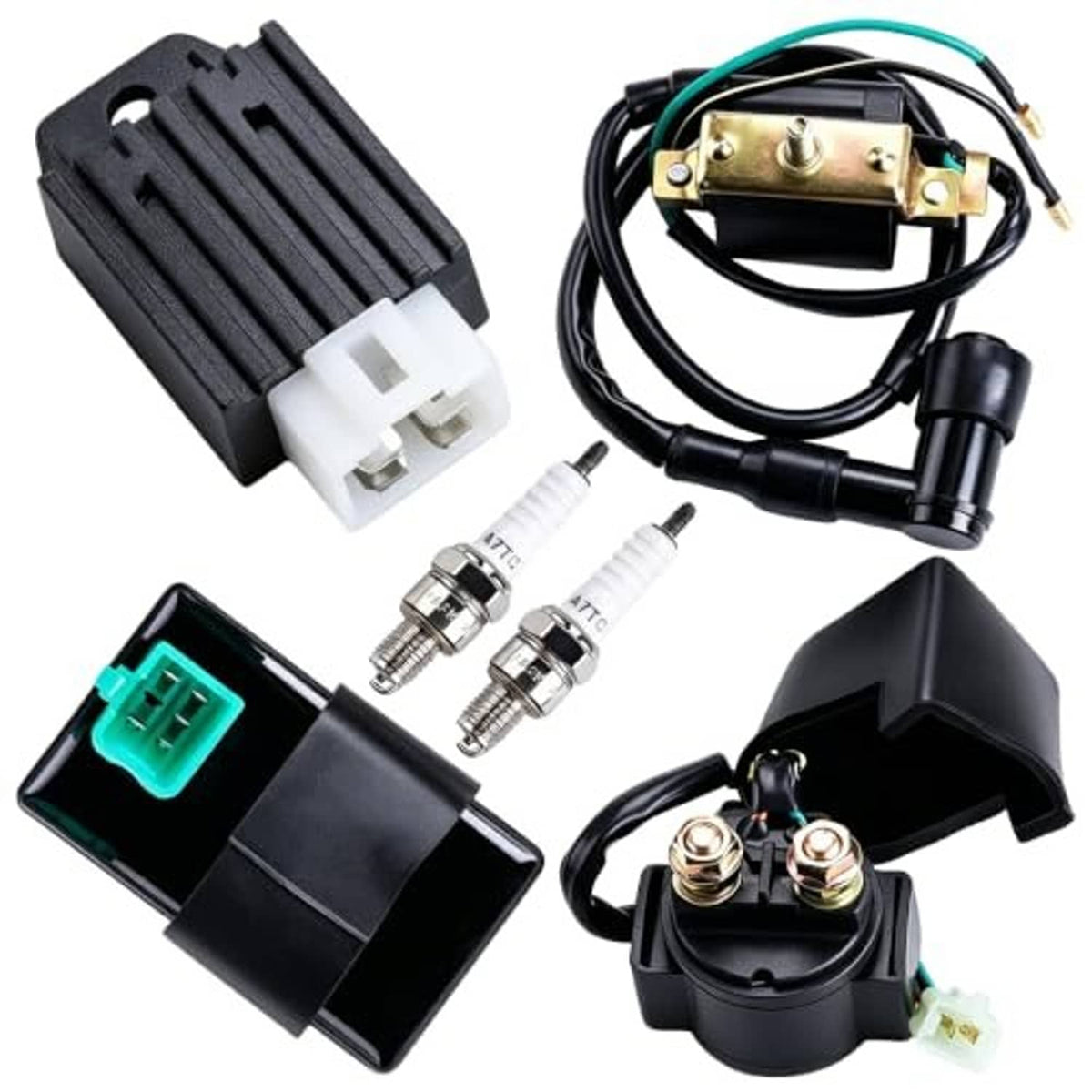 Motorcycle ignition control kit with CDI module, coil, regulator rectifier, and two spark plugs