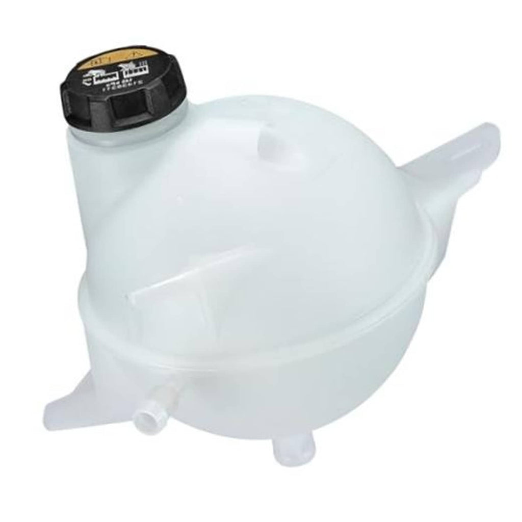 Coolant reservoir tank with black cap and side vent outlets, white plastic