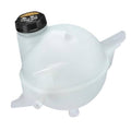 Coolant reservoir tank with black cap and side vent outlets, white plastic
